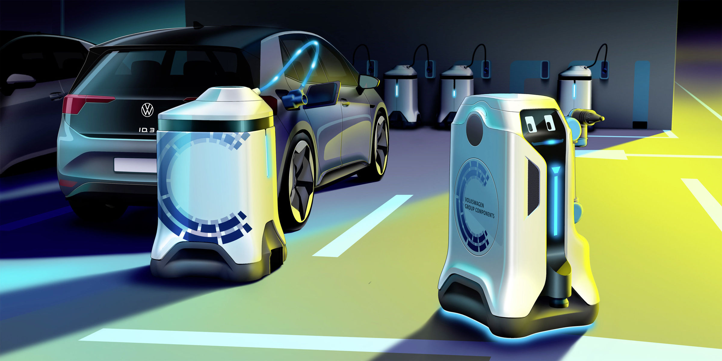 ابتكرت فولكس واجن روبوتًا متنقلًا لشحن السيارات الكهربائية في موقف السيارات
