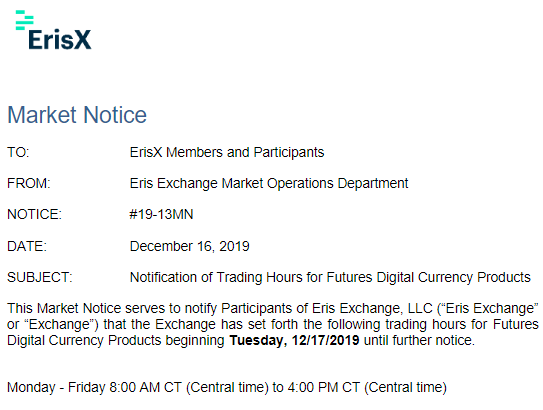 A bolsa ErisX iniciará a negociação de futuros de bitcoin em 17 de dezembro