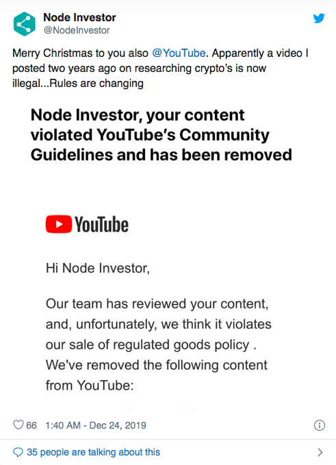 YouTube remove vídeo de criptomoeda