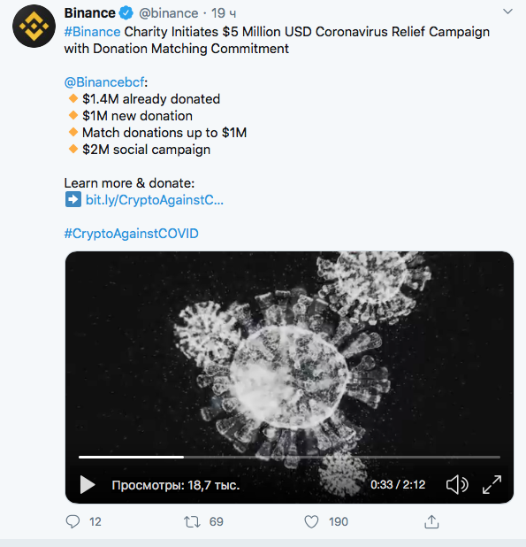 Binance collects donations to fight against coronavirus