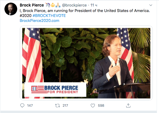 Brock Pierce goes to the presidency of the USA