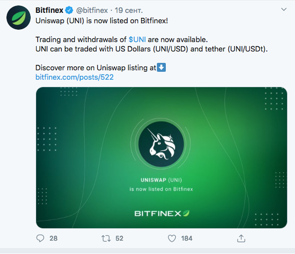 Bitfinex lists Uniswap UNI token