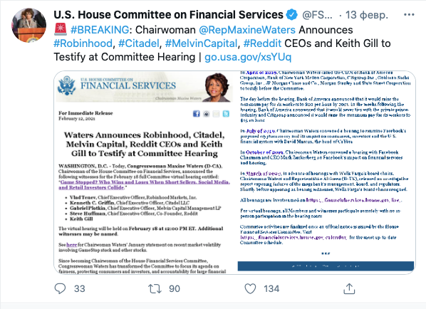 US Congress to Hear Robinhood, GME, and Reddit