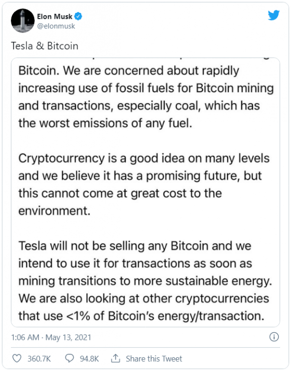Tesla stops selling electric vehicles for bitcoins